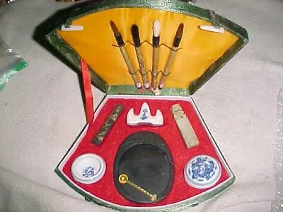 CHINESE CALLIGRAPHY SET  -  Vintage  - GOOD CONDITION  -  FAN SHAPED BOX • $18.95