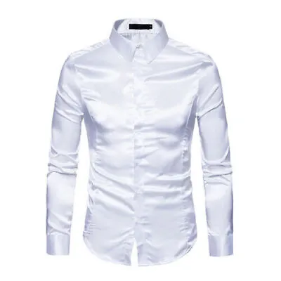 Mens Satin Shiny Silk Feel Smart Dress Wedding Casual Shirt Grandad Formal Tops • £14.19