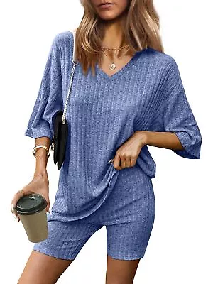 Ribbed Knit Lounge Set: Oversized V-Neck T-shirt And Shorts W/ Side Slit (Small) • $24.99