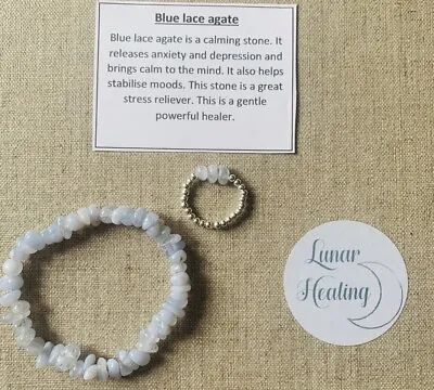 Blue Lace Agate Healing Crystal Bracelet And Ring Set Calm Anxiety Healer • £8