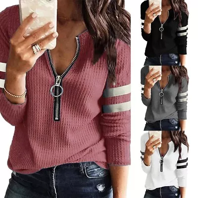 Fashion Tops For Women Loose Striped Printed V-Neck Zip Up Blouse Casual • £14.28