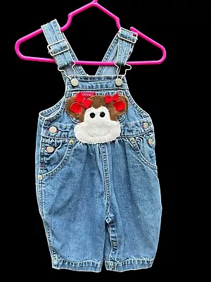 Baby Guess Girls Overalls Appliqué Monkey Face Red Brown White 3-6 MonthVintage • $13.99