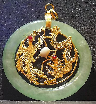 Jade Ring Pendant With 22ct Gold Plated Inner Depicting A Dragon & Pheonix • £0.99