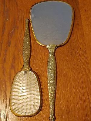 Antique Metal Vanity Set Hand Held Mirror Hair Brush Silver Gold Floral • $7.20