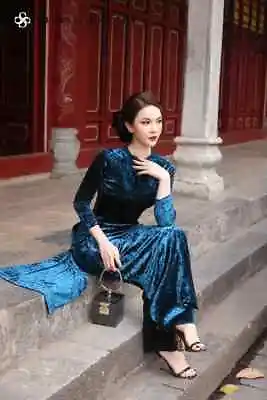 Ao Dai Vietnamese Long Dress nhung Nhám Nguyên Bộ include Pant • $59