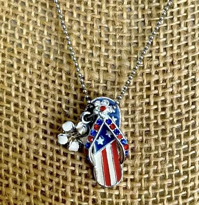 USA Flag Patriotic July 4th Silver Plated Crystal Enamel Flip Flop Necklace NEW • $8.99