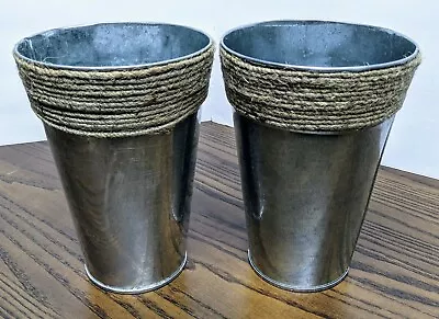 2 PC Galvanized Metal Tall Window Planters W/Twine Border 7.5” H X 5.5  D NEW • £7.71