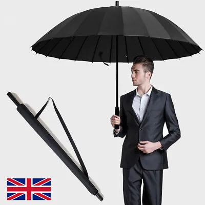 24 Ribs Umbrella Classic Large Umbrellas Strong Windproof Stormproof Black V • £9.58