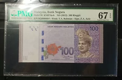 Malaysia Banknote Rm100 Pmg67epq Low Number Bq0000084 Zeti Gabenor • $118