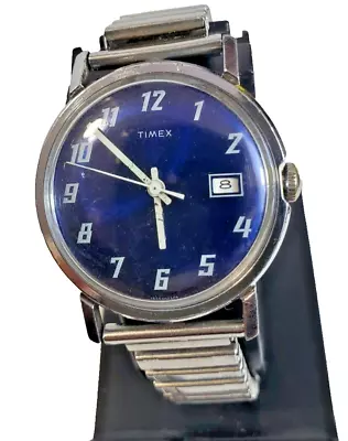 Vintage TIMEX Blue Dial Mechanical Hand Wind Up Watch W/ Date @3. Runs • $40.06