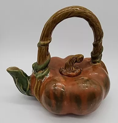 Vintage Majolica Syle Pottery Teapot Pumpkin Shape Vine Handle  Leaf Spout • $39