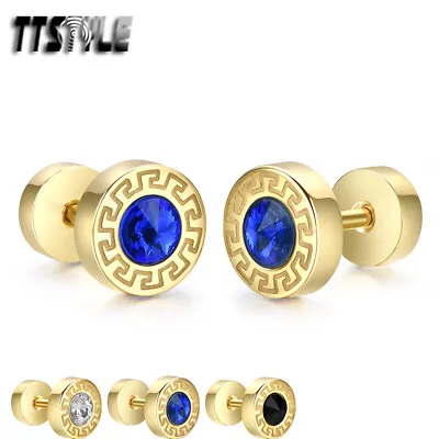 TTStyle Surgical Steel Greek Key Round Fake Ear Plug Earrings Clear/Black/Blue • £8.14