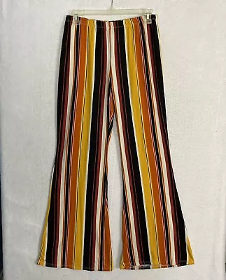 VTG 90s Bell Bottom Pants Multicolor Striped RAINBOW XL 26 X 30 Pull On Boho • $44.99