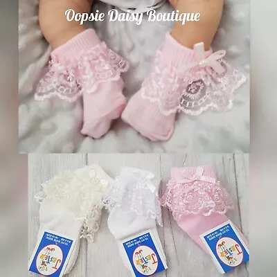 Baby Girls Gorgeous Ribbon & Pearls Frilly Ankle Socks ☆ Newborn Upto 6yrs☆ • £2.99