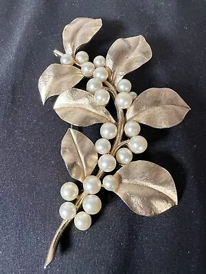 Vintage Signed Crown TRIFARI Brushed Gold Pearl Leaf Pin Brooch Large 4.25” • $50