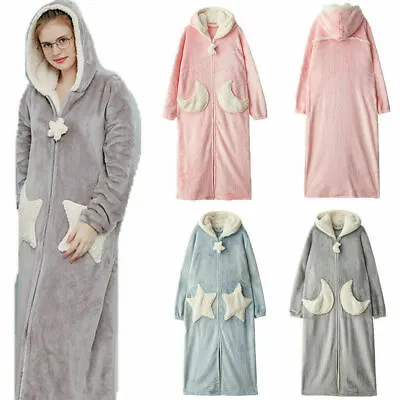 Moon&Star Ladies/women Long Luxury Fleece Hooded Dressing Gown Zip Bath Robe Hot • £33.33