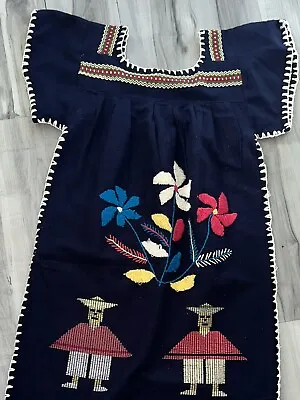 Authentic Mexican Peasant Style Wool Dress Embroidery & Knit Accent Aprx Size 10 • $15