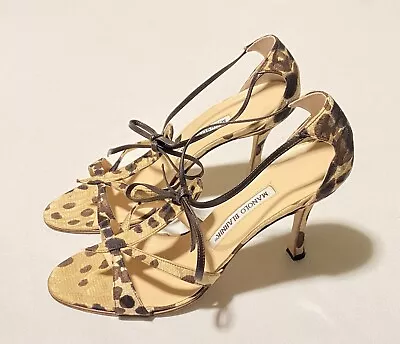 Manolo Blahnik Leopard Print Strap Sandal Heels Women Shoes 38 / US 8 Made Italy • $152