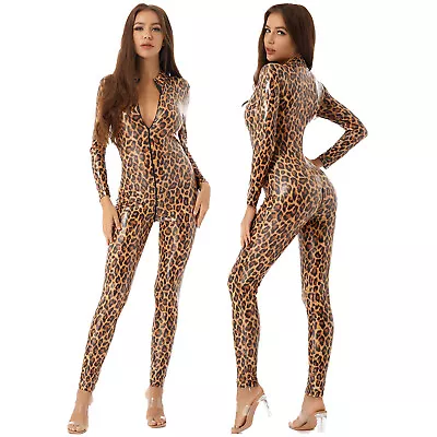 Womens Leopard Print Patent Leather Bodysuit Zipper Jumpsuit Catsuit Clubwear • $19.53