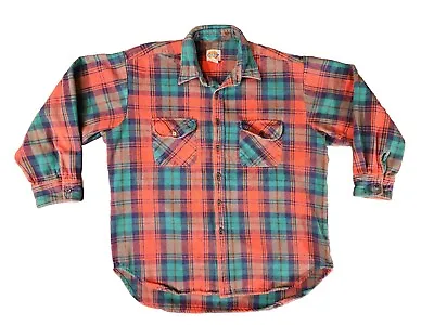 Vintage 1980s Dickies Plaid 100% Cotton Flannel Shirt XL Red Workwear Lumberjack • $23.95