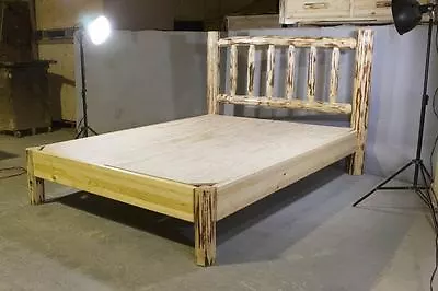 Rustic Log Platform Bed KING Amish Made Beds Unfinished Pine Cabin Furniture • $1115.07