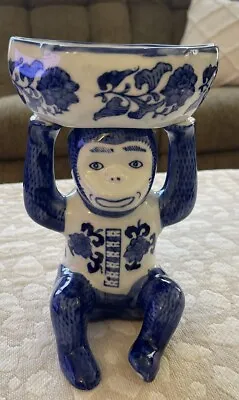 Vintage Chinoiserie Blue & White Ceramic Monkey HOLDING Soap Dish Candy Bowl • $107.97