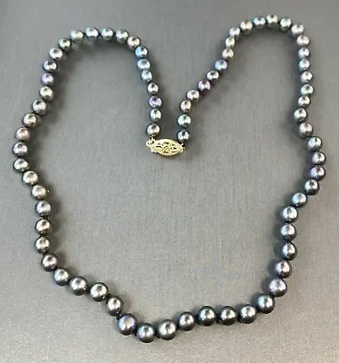 $240 • Buy Peacock Purplish Bluish Black Pearl 14K Gold Fish Clasp Strand Necklace 17 