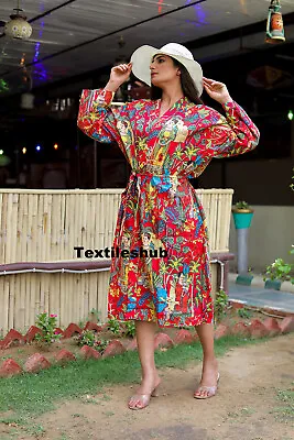 $35.62 • Buy Indian Red Frida Kahlo Gown Long Cotton Kimono Dress Night Gown Kimono Robes AU
