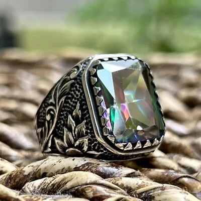 Solid 925 Sterling Silver Turkish Jewelry Mystic Topaz Men's Ring All Size • $49