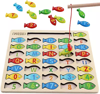Magnetic Wooden Fishing Game Toy For Toddlers Alphabet Fish Catching Counting G • $15.04