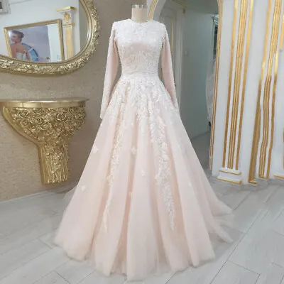 Modest Wedding Dresses Round Neck Long Sleeves Lace Applique Muslim Bridal Gowns • $168.90