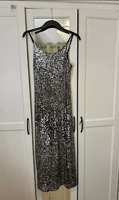 Maxi Silver Sequenced Dress New Look  Size 10 Excellent Condition Party Wedding • £8