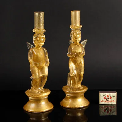 Cenedese Ermanno Nason 1963-72 Unicum Murano Glass Candlestick Pair Angel Gold • $411.73