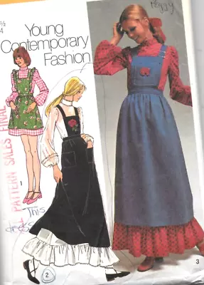 70s Apron Bib Jumper Maxi Dress Ruffles Pattern Simplicity 9712 Misses Sz 10 Cut • $10.99