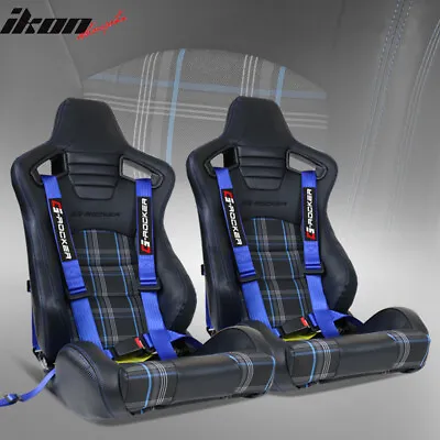 Universal Recline Racing Seat PU Carbon Blue Plaid & Dual Slider Buckle Belt X2 • $395.99