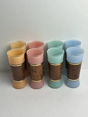 Siesta Ware Vtg Wood Tiki Bar Glass Cup Set Of 8 Pink Orange Blue Green Pastels • $49.99