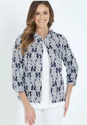 $10 • Buy W.Lane Linen Leaf Print Jacket Sz 14 16 18 Navy Blue White 3/4 Sleeve  $129