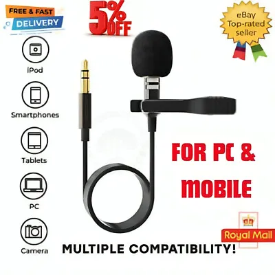 3.5mm Mini Lavalier Clip-on Lapel Mic Microphone For Mobile Phone PC Recording • £3.98