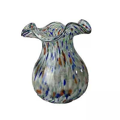 Venetian Art Glass Vase Multicolor Handblown Colorful Pear Shape Ruffled Murano? • $14.99