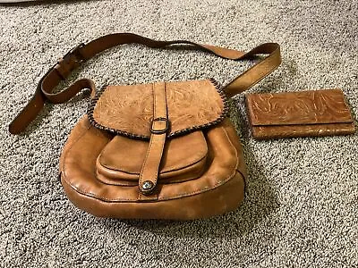 Patricia Nash Barcelona Embossed Tooled Brown Leather Crossbody Purse & Wallet • $54.99