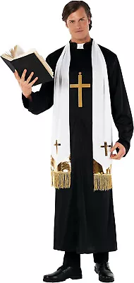 Men`s Priest Costume Adult Vicar Minister Exorcist Robe + Sash Collar Halloween • $19.95