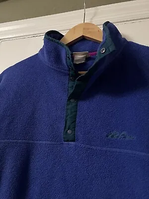 Vintage 90s LL BEAN Pullover Snap Fleece 1/4 Purple Teal Script USA-Made Mens L • $20