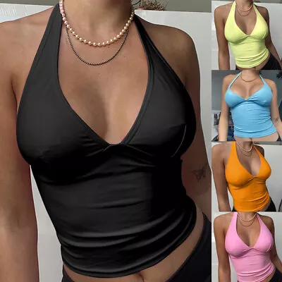 Ladies Vest Summer Crop Tops Cami Y2K Stretch Halter V Neck Sleeveless Tank SIZE • £3.60