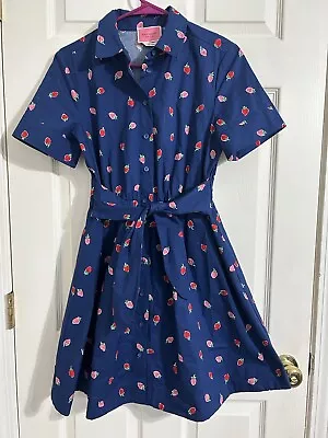 Kate Spade Dress Women Small Blue Strawberry All Over Print Tie Waist Pockets • $65