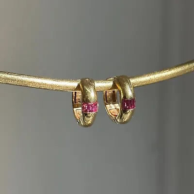 Vintage 18KT Yellow Gold Channel-Set Baguette Genuine Ruby Huggie Hoop Earrings • $1299.99