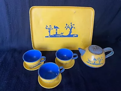 Vintage 1930s Child's Tea Play Set  Yellow With Blue Scene 8 Pieces Metal • $21