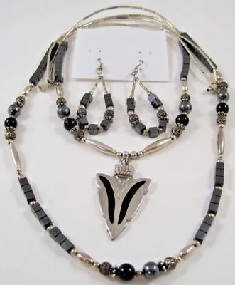 Mona So 2 Strand Faceted Hematite Beads Necklace & Earrings Arrowhead Rosette • $45