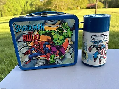 Vintage 1980 Marvel Metal LUNCHBOX & THERMOS: Hulk Spider Man & Captain America • $35