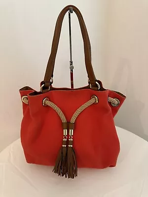 Michael Kors Marina Red Orange Canvas Brown Leather Large Gathered Tote Handbag • $35