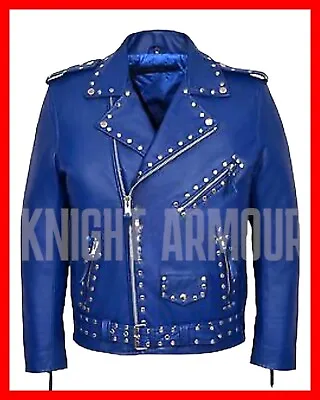 $189 • Buy 100 % Cow Leather Studded Brando Biker Punk Spike Blue Phantom Style Jacket
